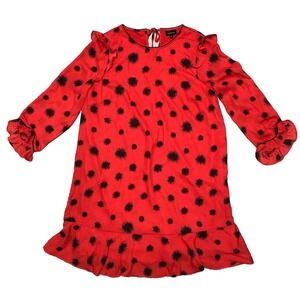 Who What Wear Abstract Polka Dot Shift Dress M Red‎ Ruffle Hem Long Sleeve